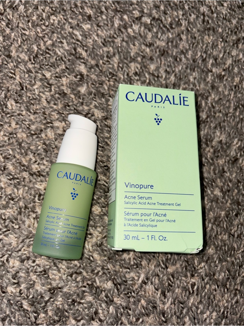 Caudalie Vinopure Acne Serum Bottle and Box in Light Green